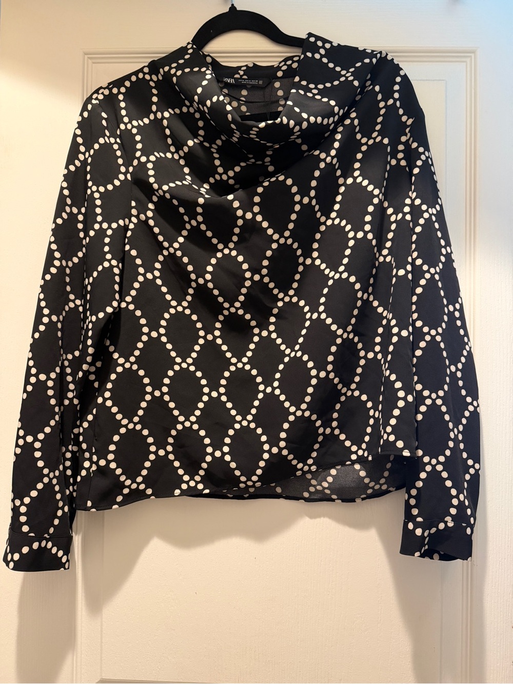ZARA Black & Cream Draped Cowl Neck Blouse Top M